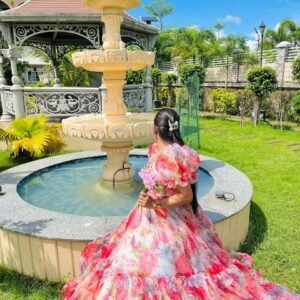 Floral Rose Korean Bow Gown(Stiched)